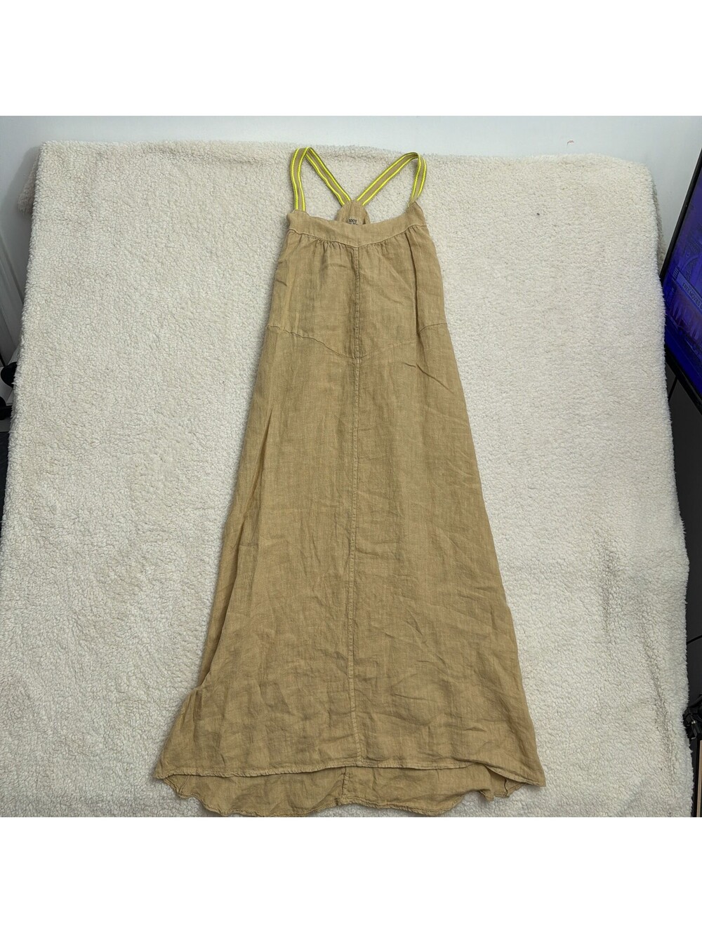Lilya Linen Sundress Tan Khaki Neon Strap Sleeveless Boho Midi Women's S/M